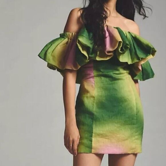 The Wolf Gang Mirador Ruffled Off The Shoulder Mini Dress Green Pink Size XL - Picture 1 of 15
